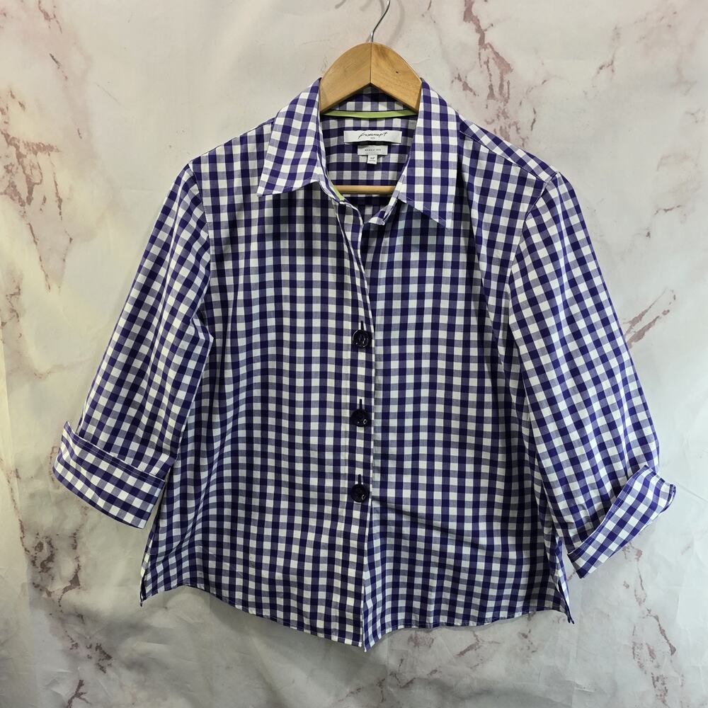 Foxcroft Shirt Womens 16 P Purple Gingham Button Up Wrinkle Free Non Iron Shaped